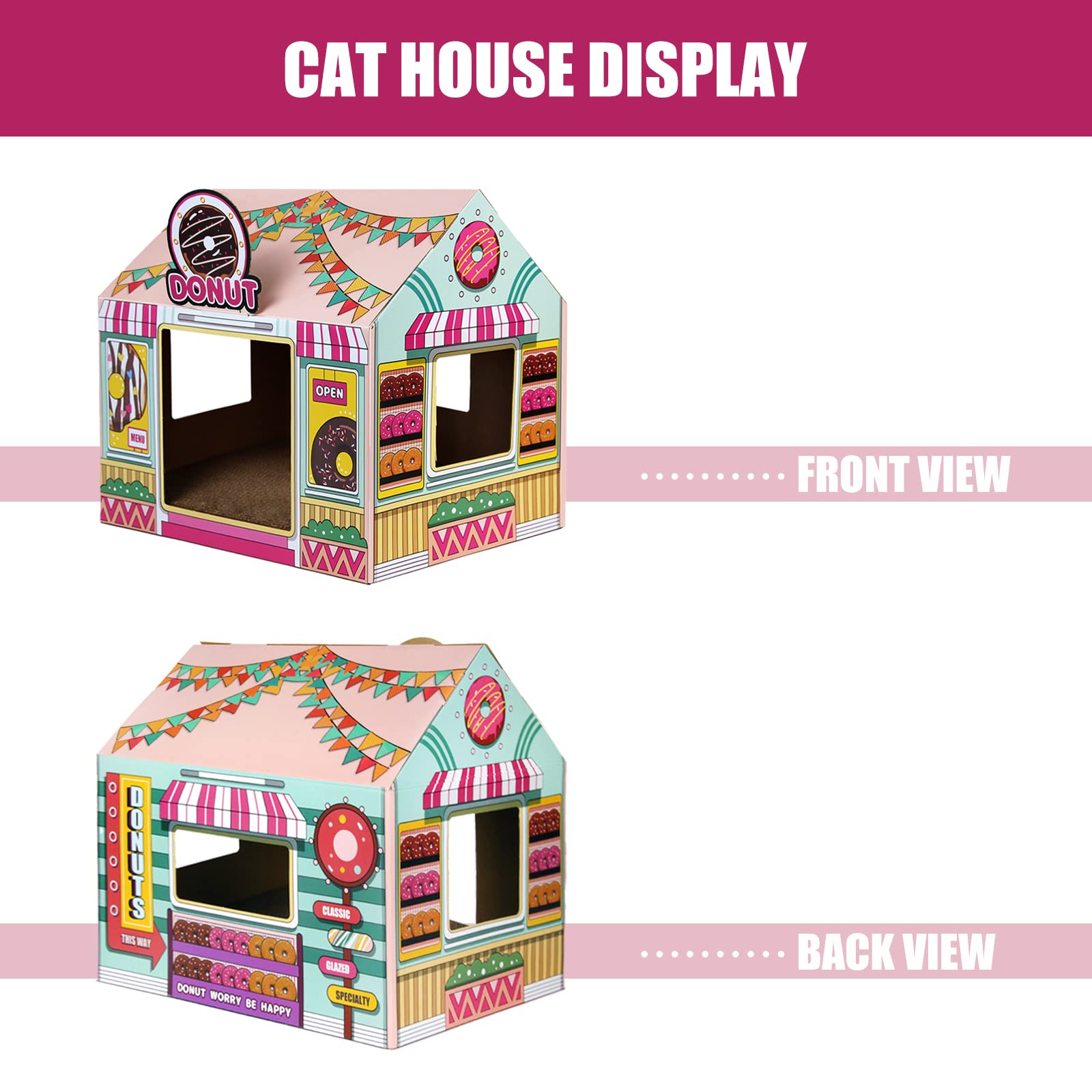 Sekam Cardboard Cat House With Scratcher/Catnip (16.5' X 12' X 15'), Donut Shop For Indoor/Outdoor, Cat Scratch Box & Home De